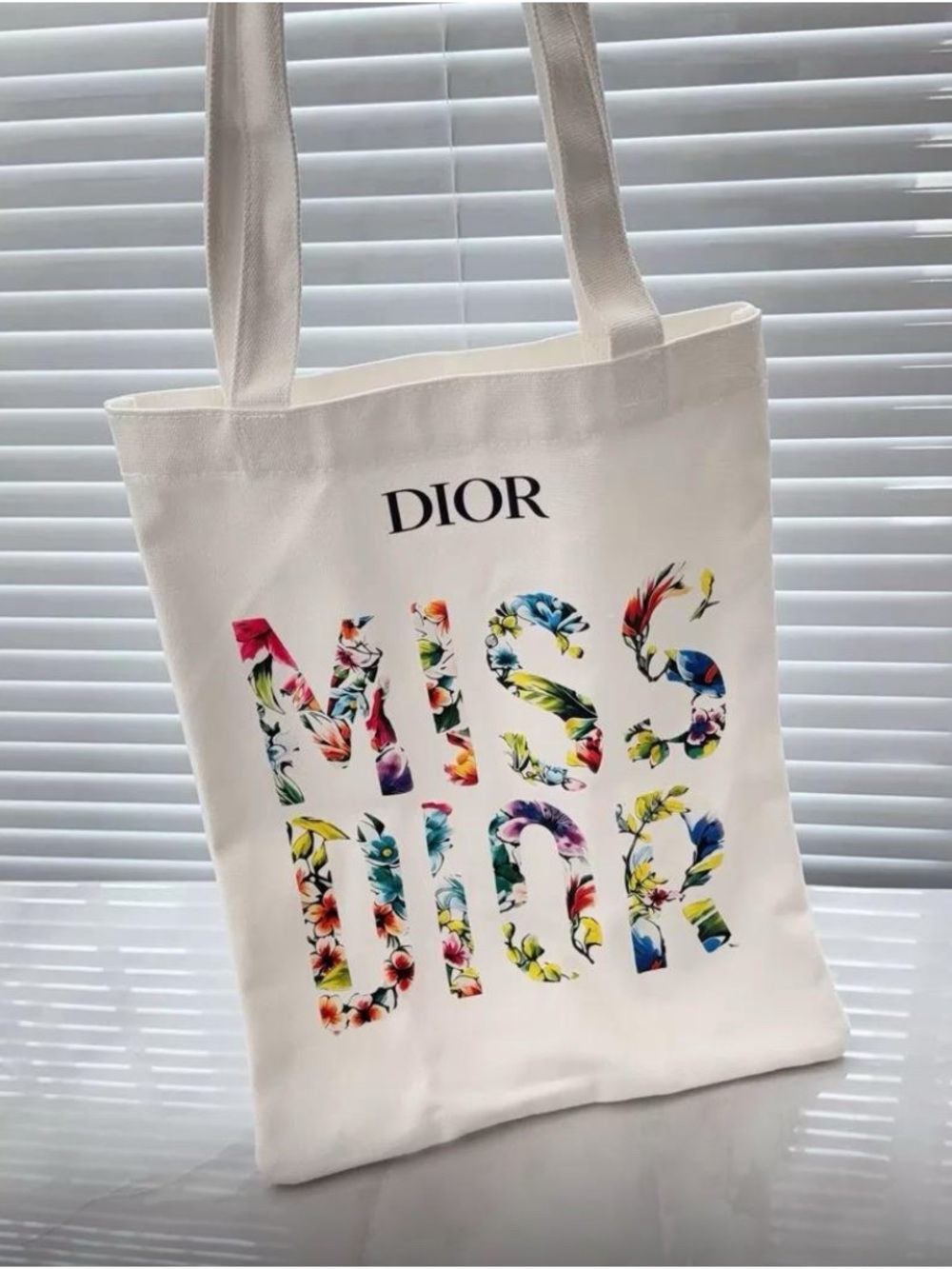 Dior GWP White Canvas Tote with Multicolor Floral 'Miss Dior' Print